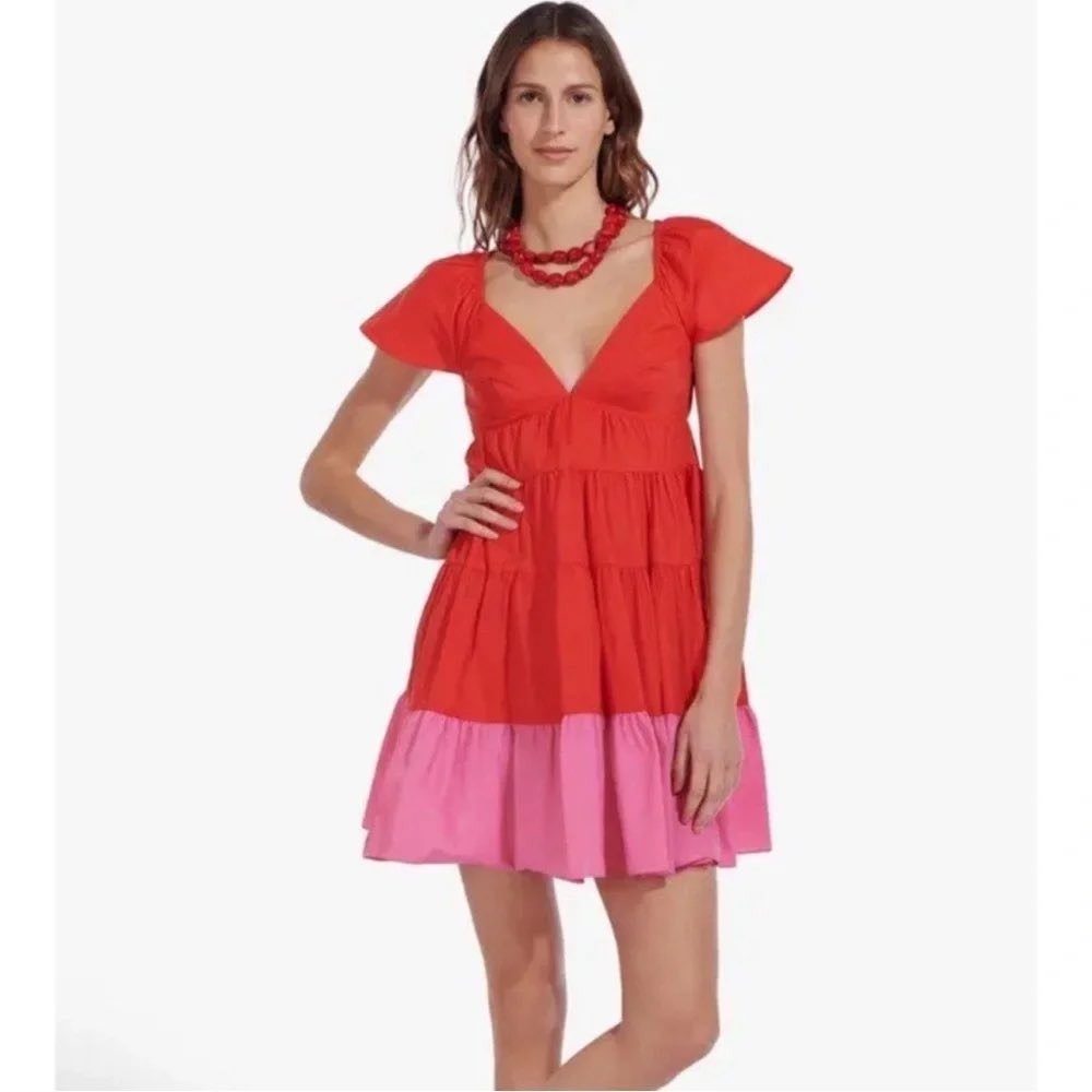 Staud Corsica Red Pink Fit And Flare Tiered V-Neck Mini Dress M